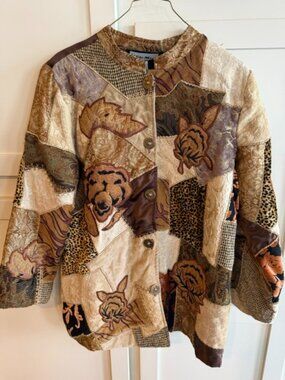 Vintage 90s Indigo Moon Patchwork Tapestry Jacket M Silk Art to Wear Boho